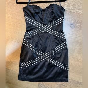 bebe Black Strapless Satin Dress with Pearl Stud Detailing